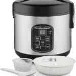 Hamilton Beach - Olla arrocera programable digital y vaporizadora de alimentos, 8 tazas cocidas (4 en crudo) con cesta vaporizadora y de enjuague, acero inoxidable (37518)
