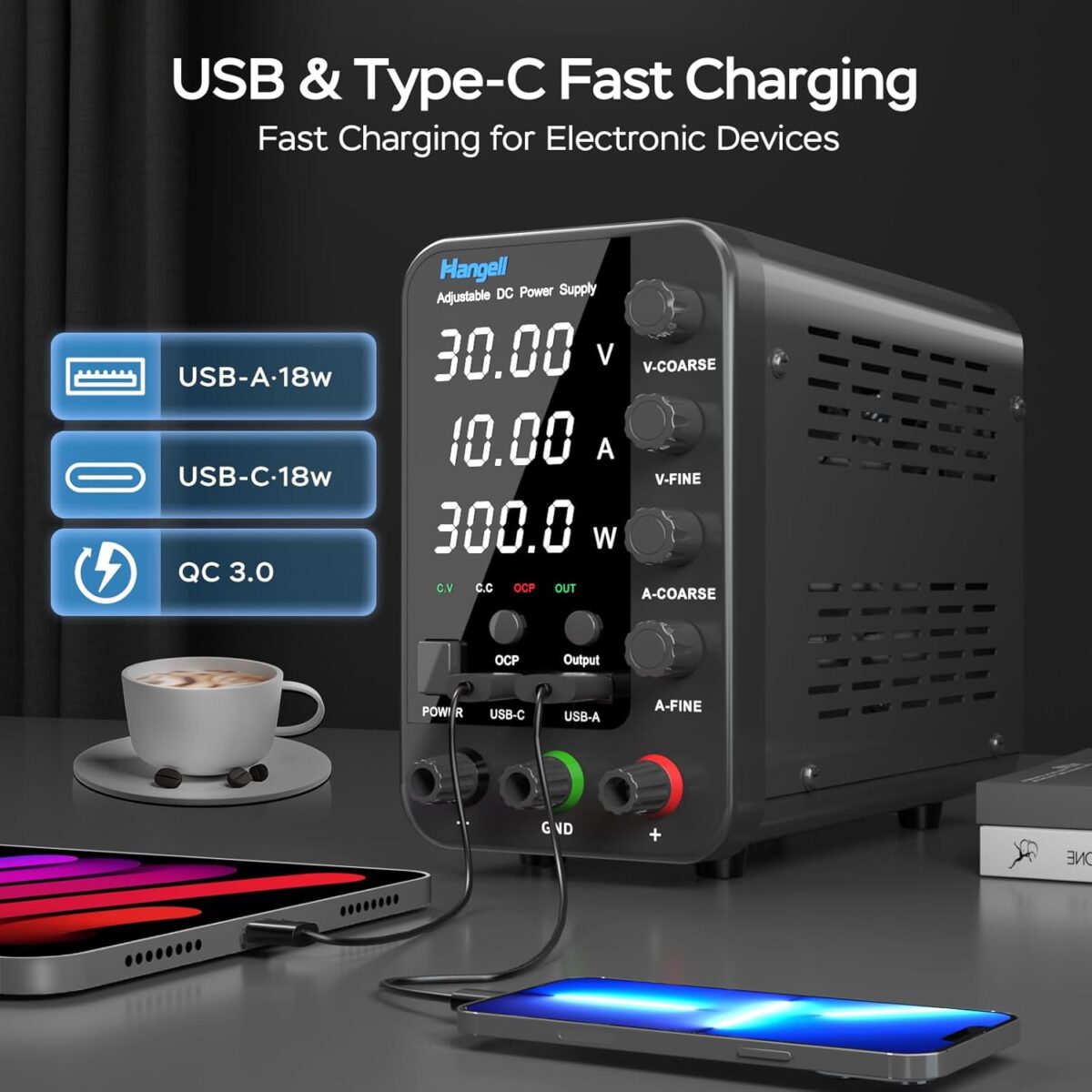 HANGELL – Fuente de Alimentación de CC Variable 30V 10A | Banco de Laboratorio con Ajuste Grueso/Fino, Protección OCP y Pantalla LED - Imagen 5
