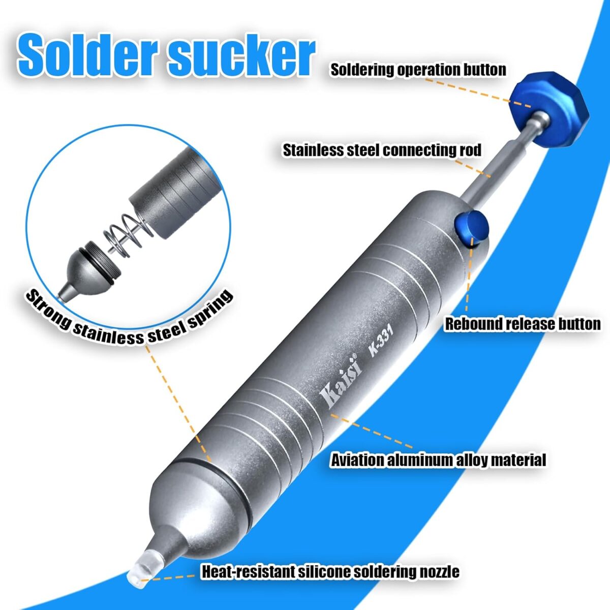 Kaisi – Bomba de Desoldadura Manual | Succión al Vacío Potente | Punta Antibloqueo + Tubo de Silicona Resistente al Calor - Imagen 3