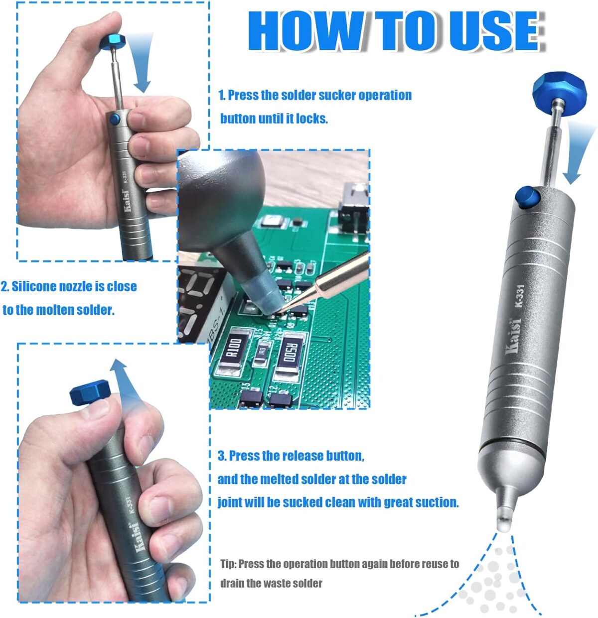 Kaisi – Bomba de Desoldadura Manual | Succión al Vacío Potente | Punta Antibloqueo + Tubo de Silicona Resistente al Calor - Imagen 2