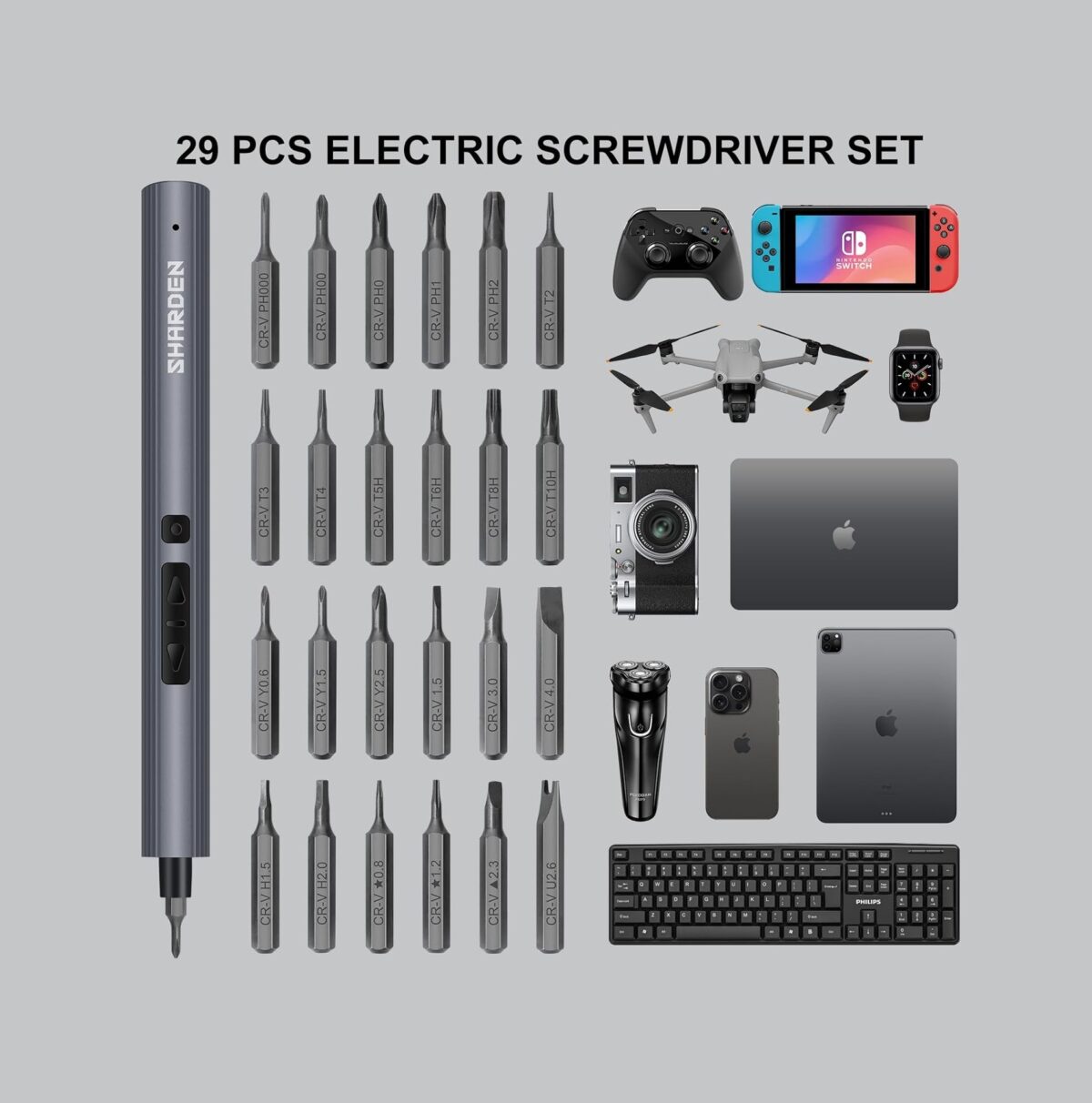 SHARDEN Mini Destornillador Eléctrico 29 en 1 – Kit de Precisión con 24 Puntas Magnéticas - Imagen 5
