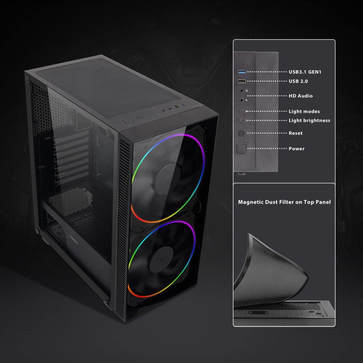 GameMax Black Hole – Case ATX Mid-Tower Gaming, Panel de Vidrio Templado, 2 Ventiladores ARGB - Imagen 2