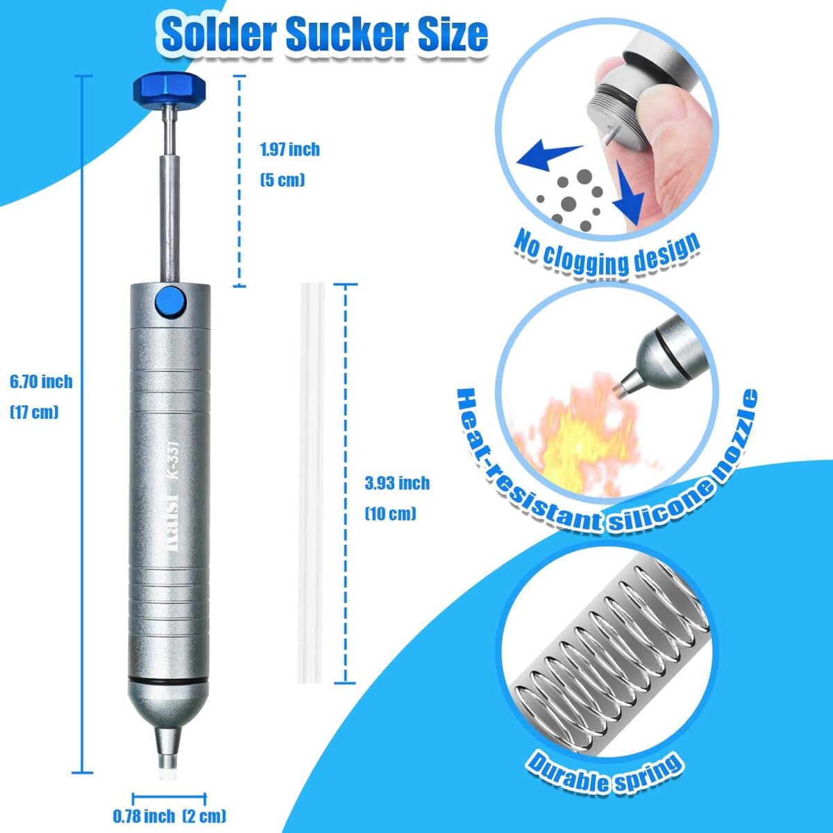 Kaisi – Bomba de Desoldadura Manual | Succión al Vacío Potente | Punta Antibloqueo + Tubo de Silicona Resistente al Calor - Imagen 4