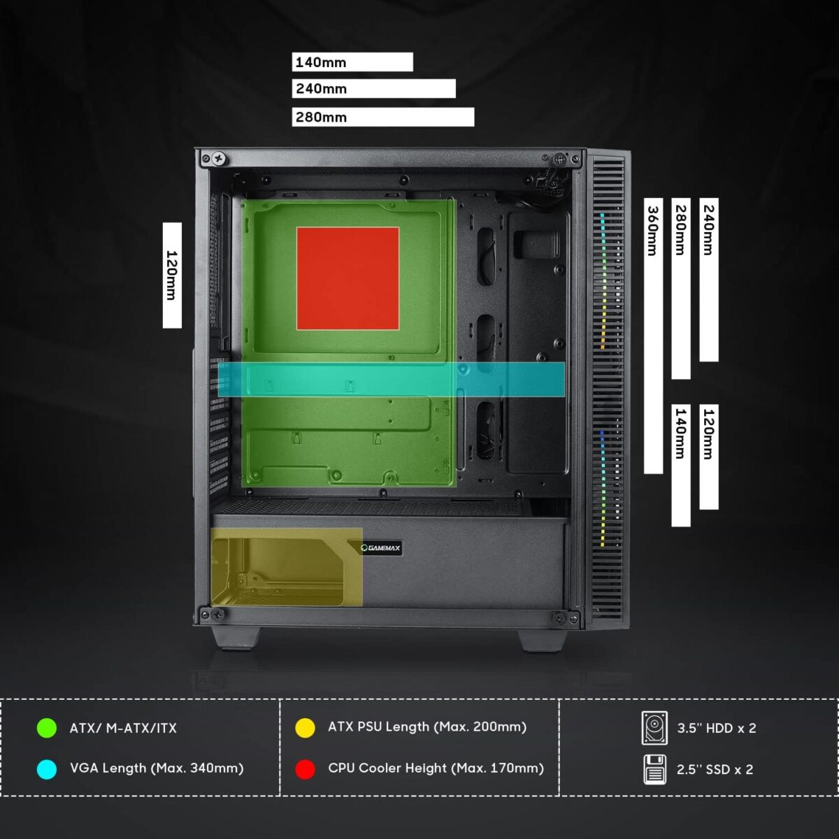 GameMax Black Hole – Case ATX Mid-Tower Gaming, Panel de Vidrio Templado, 2 Ventiladores ARGB - Imagen 6