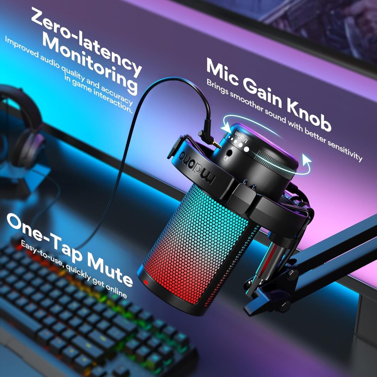 Micrófono MAONO DGM20S – USB Gaming con Cancelación de Ruido, RGB, Brazo Ajustable - Imagen 5