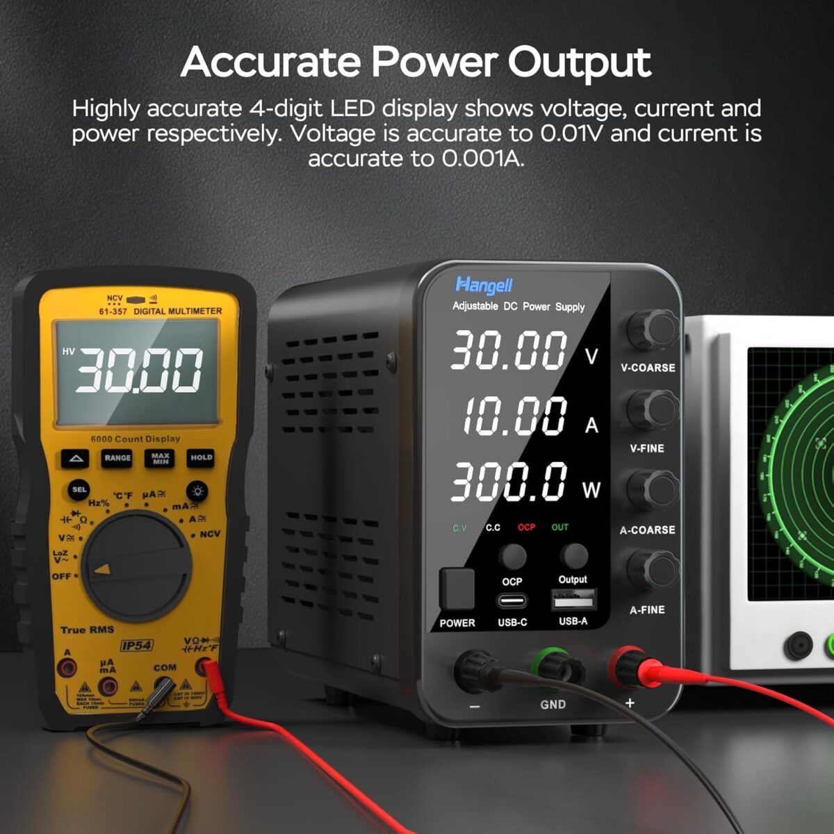 HANGELL – Fuente de Alimentación de CC Variable 30V 10A | Banco de Laboratorio con Ajuste Grueso/Fino, Protección OCP y Pantalla LED - Imagen 2