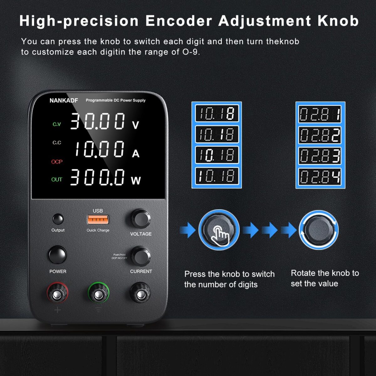 NANKADF – Fuente de Alimentación de CC Variable 30V 10A | Banco de Trabajo con Pantalla LED, Protección OCP y Puerto USB - Imagen 3