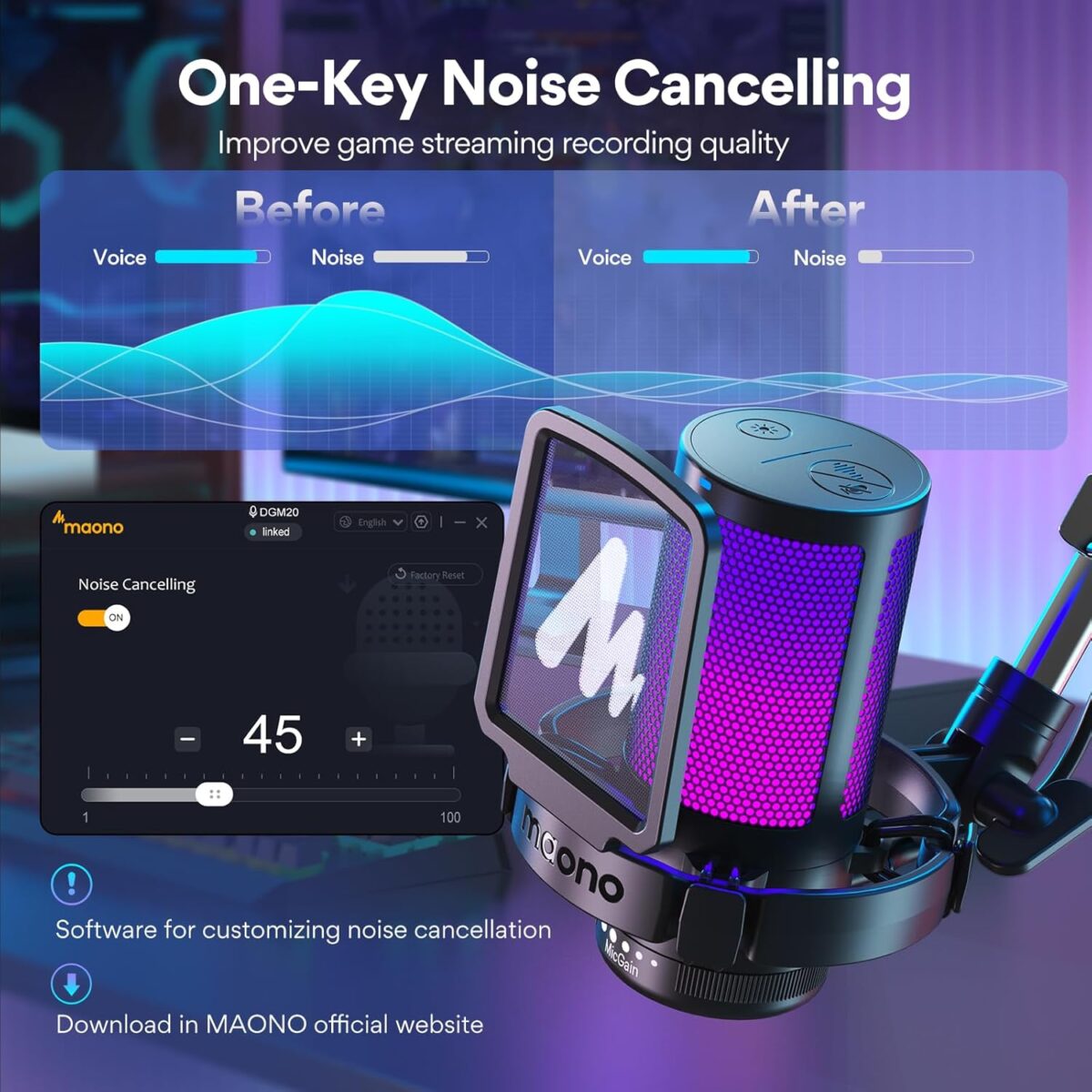 Micrófono MAONO DGM20S – USB Gaming con Cancelación de Ruido, RGB, Brazo Ajustable - Imagen 2