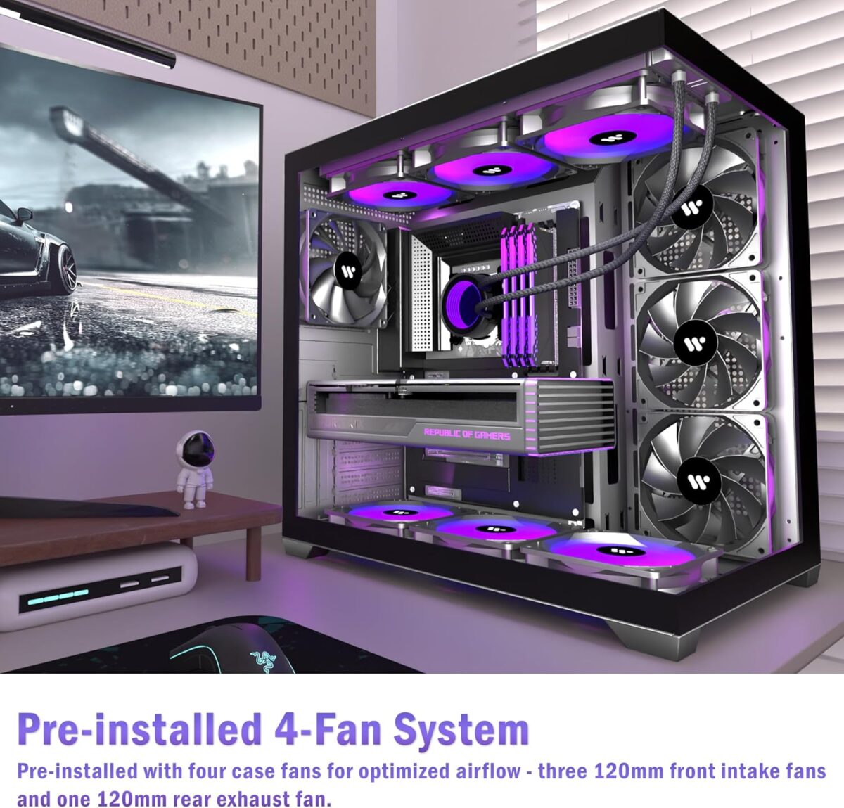 Chasis KEDIERS K4 – ATX Torre Media, Vidrio Templado Doble, 4 Ventiladores Preinstalados, USB-C - Imagen 2