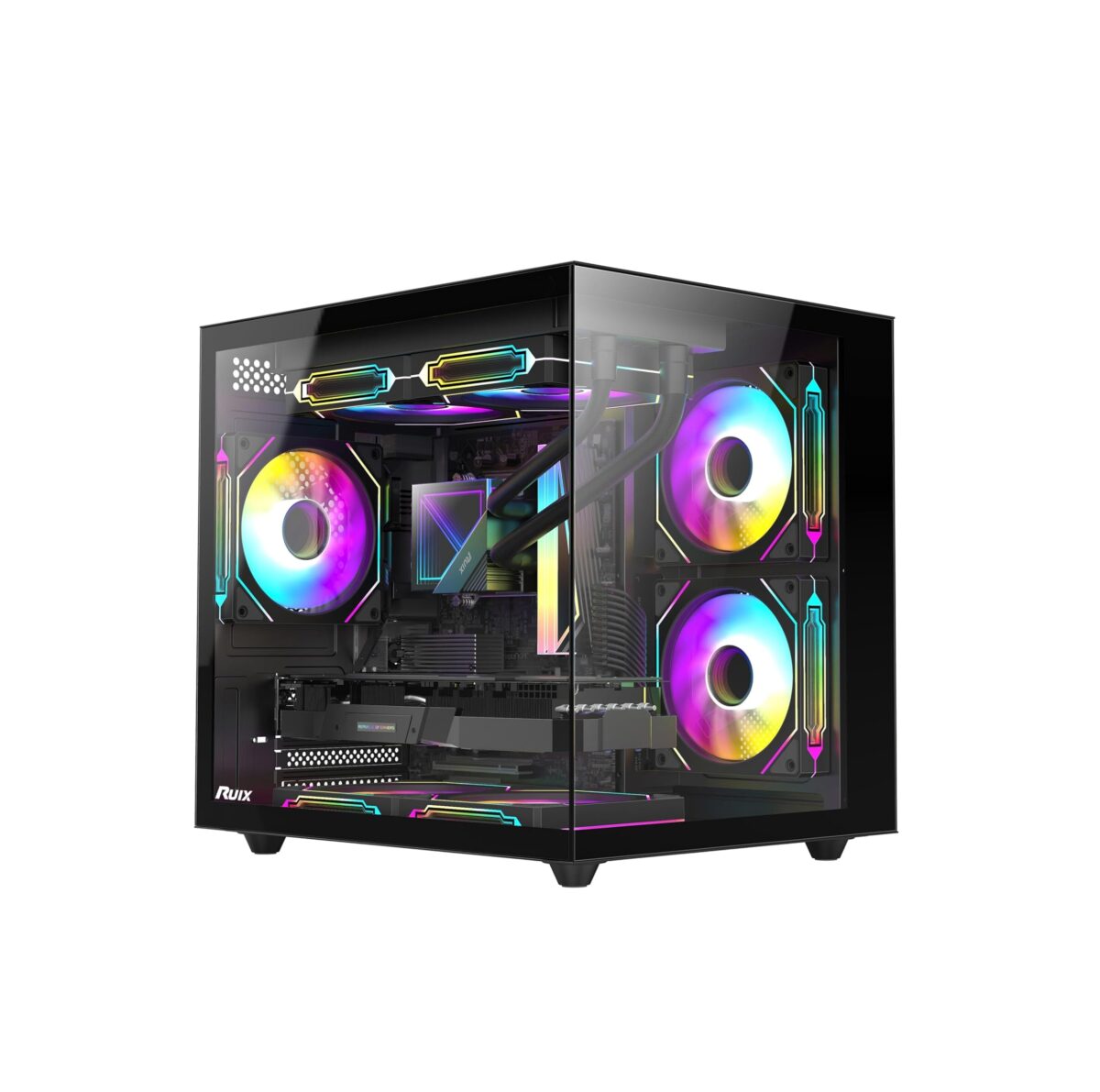 RUIX OV502 M-ATX – Carcasa Mini Torre con 3 Ventiladores Prism ARGB, Vidrio Templado 180°, USB 3.0, Compacta para Gaming - Imagen 1