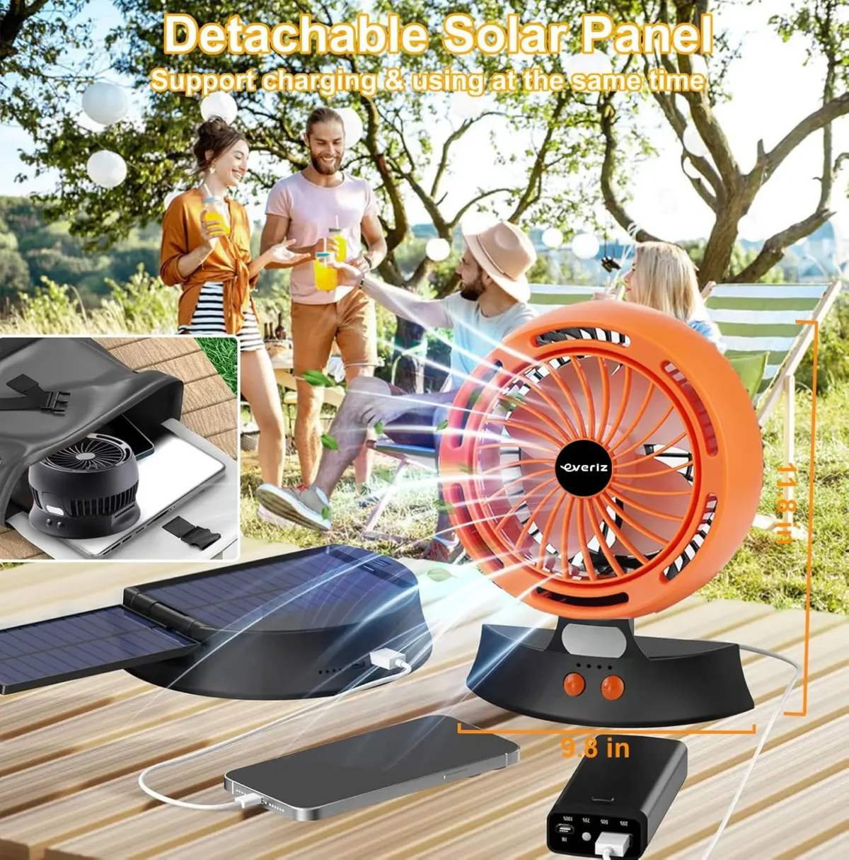 Ventilador Solar Portátil EVERIZ – Batería 10000mAh - 4 Velocidades - LED - Imagen 5