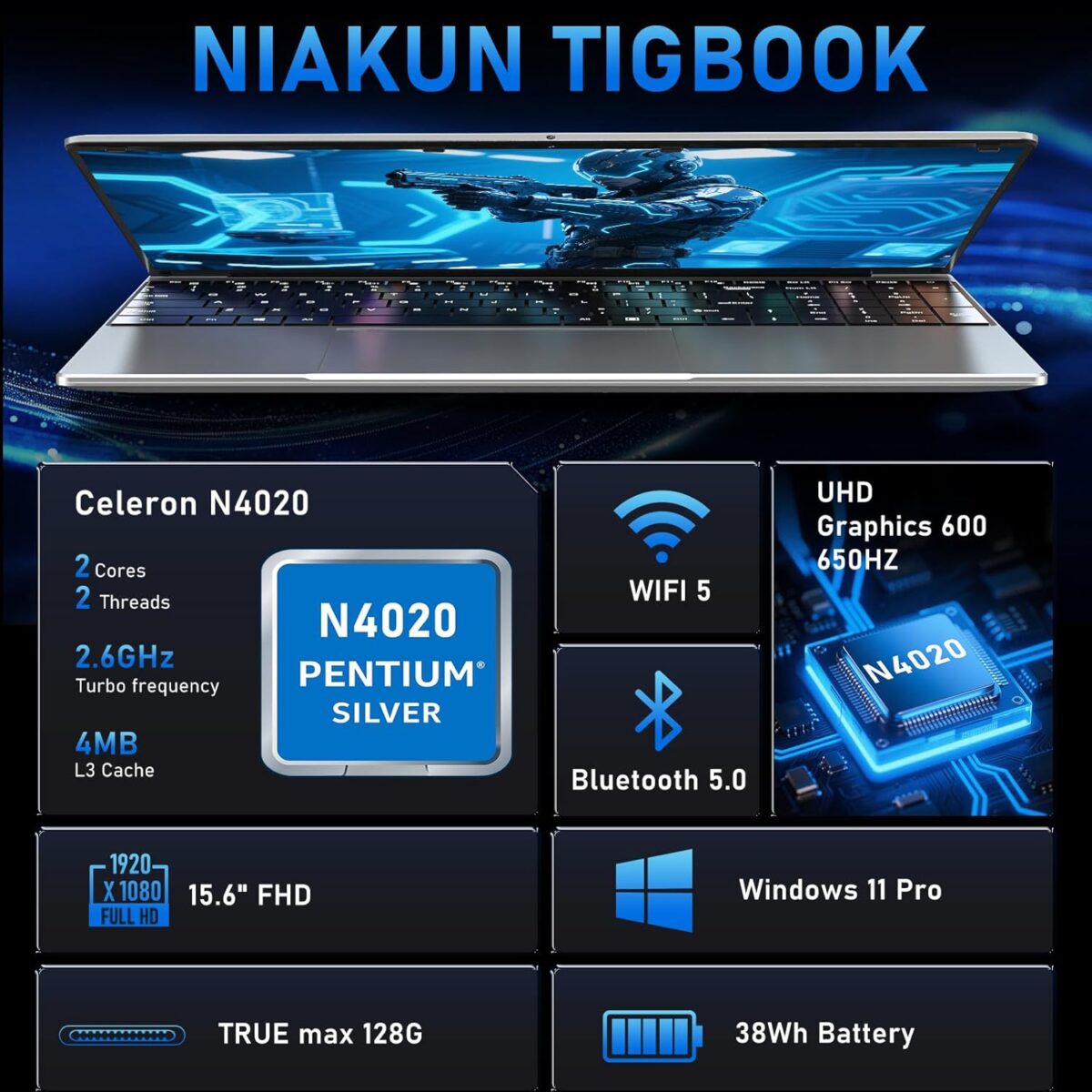 NIAKUN VenBook 15.6” – Windows 11 Pro, Intel Celeron N4020 hasta 2.6GHz, 8GB RAM, 256GB - Imagen 3