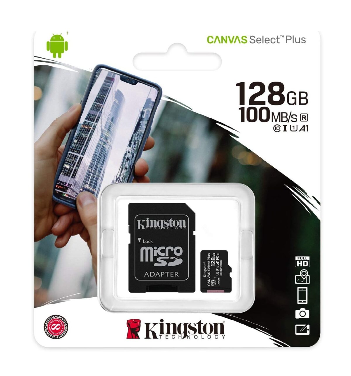Tarjeta microSDXC Canvas Select Plus de 128 GB de Kingston con Adaptador | Hasta 100 MB/s | A1 Clase 10 UHS-I - Imagen 1