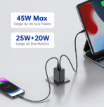 Cargador Rápido 1Hora GAR170 45W GaN con Doble Puerto USB-C y Cable Tipo C - Imagen 4