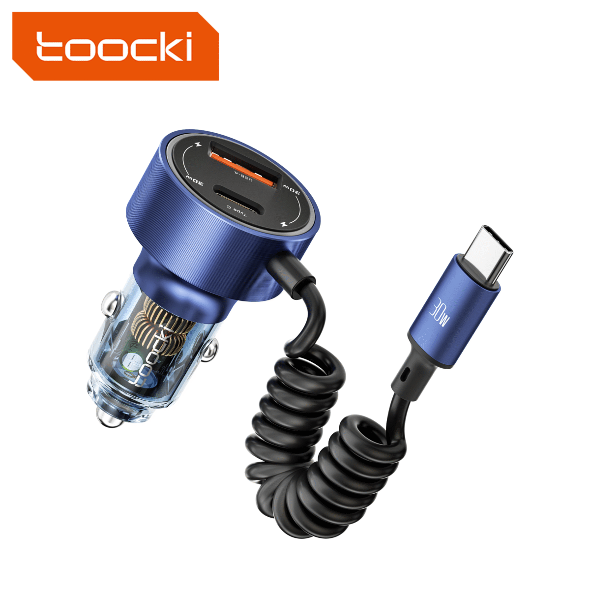 Toocki - Cargador de Coche USB 60W con Cable Tipo C Retráctil y Carga Rápida - Imagen 1