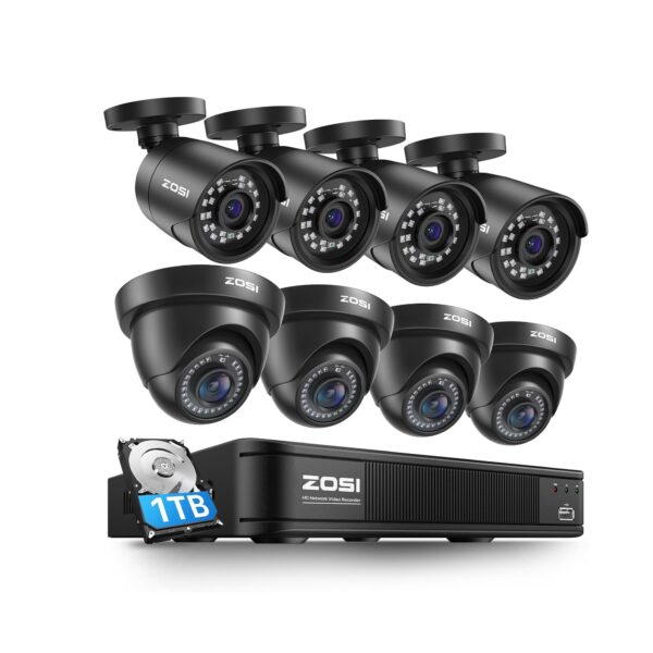 Sistema de Cámaras de Seguridad ZOSI 5MP Lite – DVR 8 Canales H.265+ con 8 Cámaras 1080p, Visión Nocturna, Detección Inteligente IA