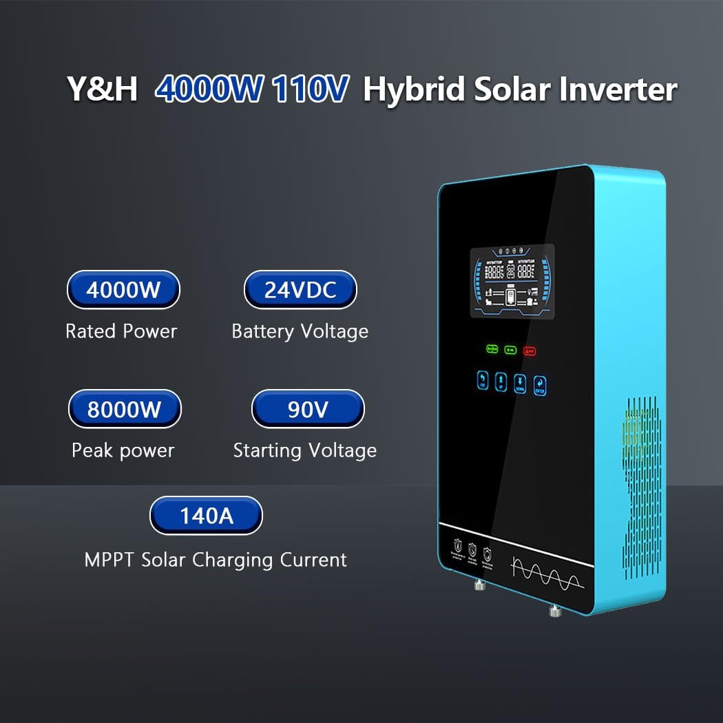 Y&H 4000W 24V to 110V Pure Sine Wave Hybrid Solar Inverter with 140A MPPT – Touchscreen and Battery-Free Operation - Image 5