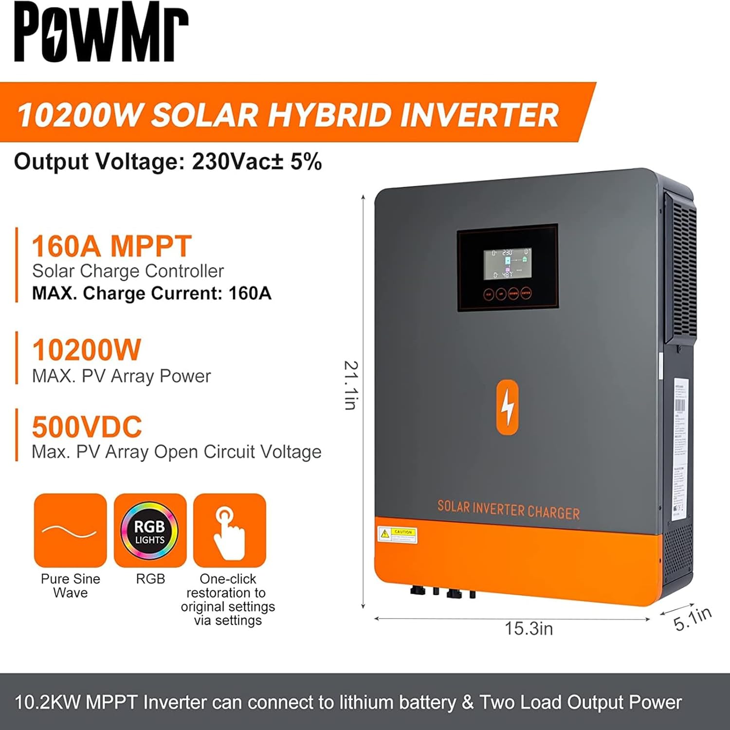 PowMr 10200W 48V to 220V/230V Pure Sine Wave Hybrid Solar Inverter with 160A MPPT – High-Power Off-Grid System for Home and RV - Image 2