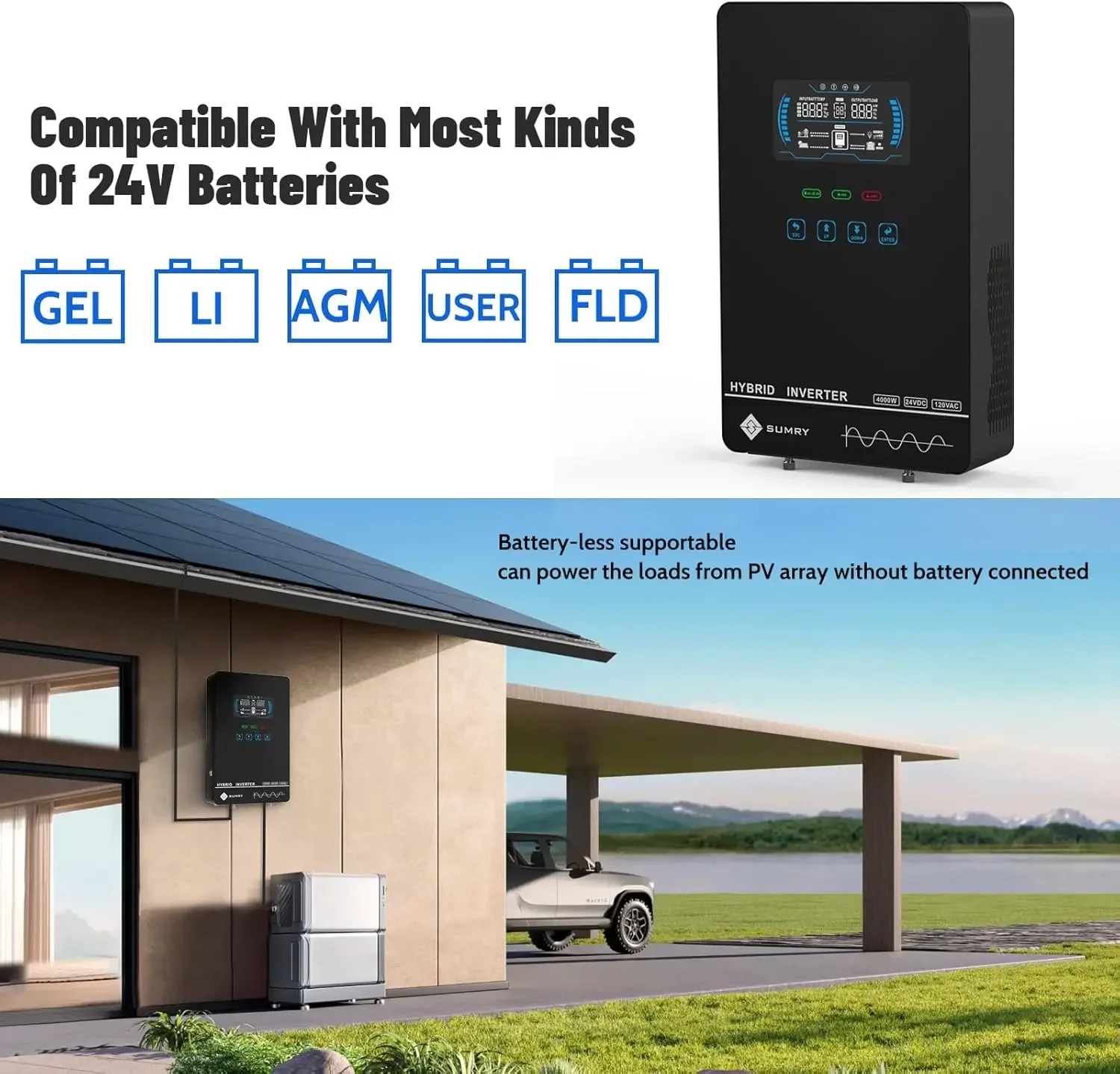 SUMRY 4000W 24V to 120V Pure Sine Wave Hybrid Solar Inverter with 140A MPPT and LCD Touchscreen - Image 4
