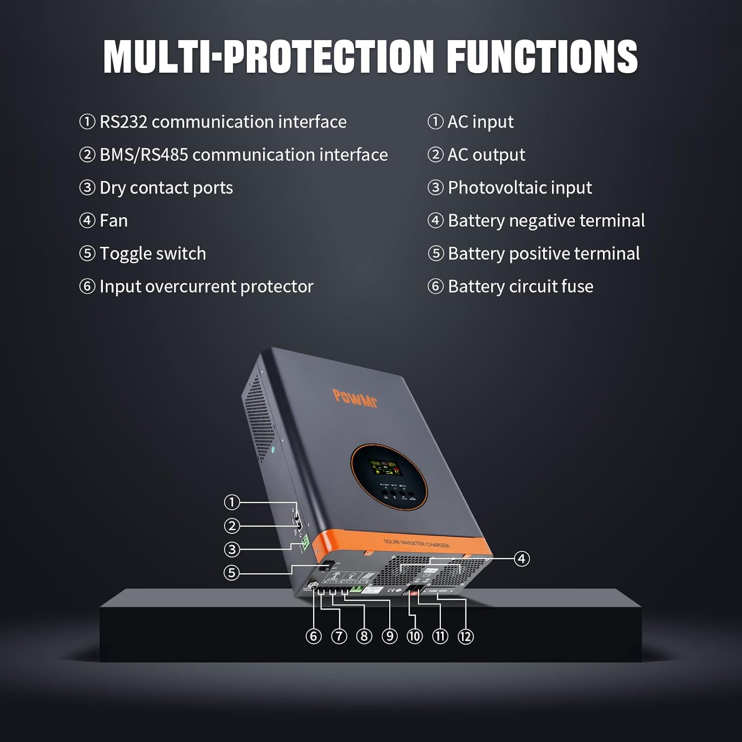 PowMr 3000W 24V to 110V Pure Sine Wave Hybrid Solar Inverter 60A MPPT Low Frequency - Image 5
