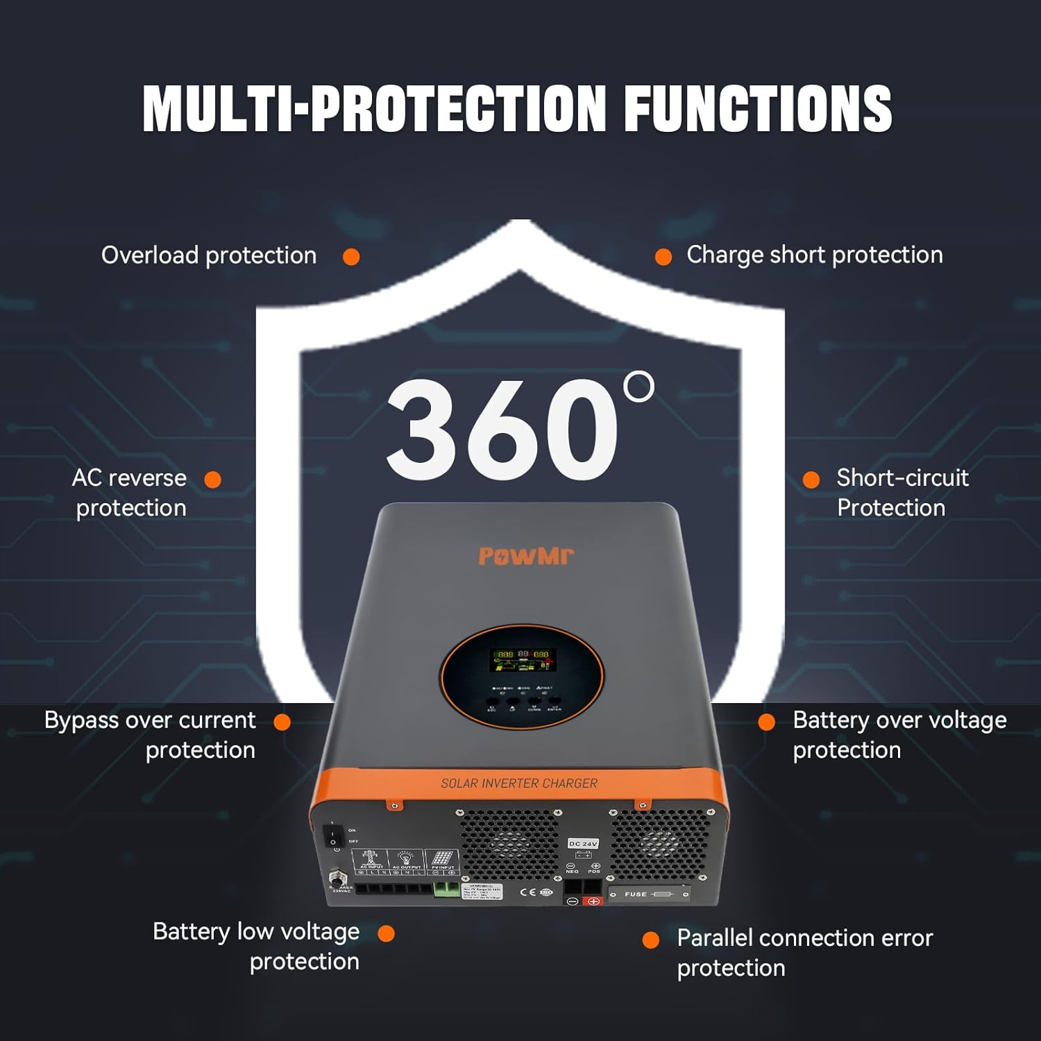 PowMr 3000W 24V to 110V Pure Sine Wave Hybrid Solar Inverter 60A MPPT Low Frequency - Image 3