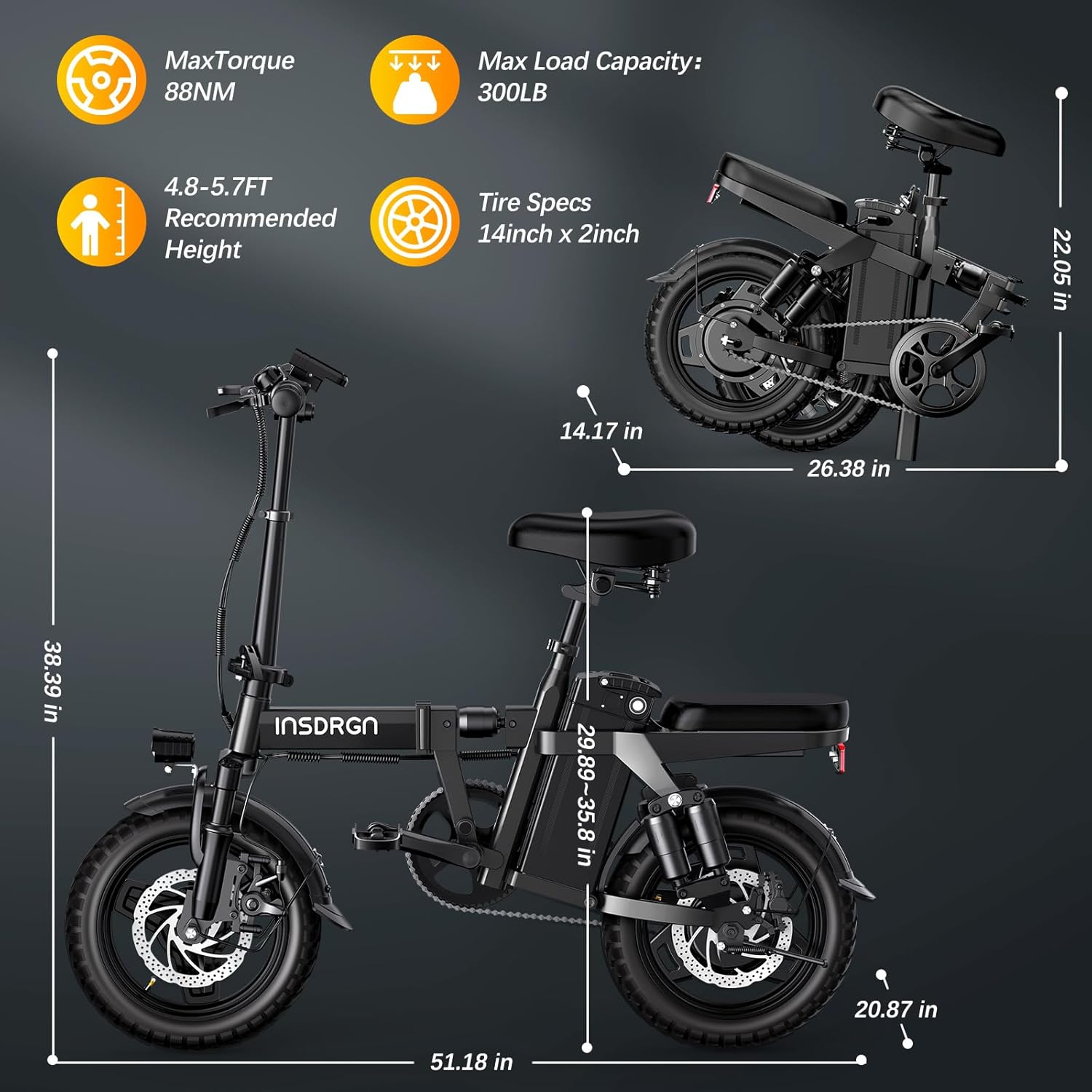 14” Foldable Electric Bike 1500W Peak 48V 16Ah Extended Range and Disc Brakes - Image 4