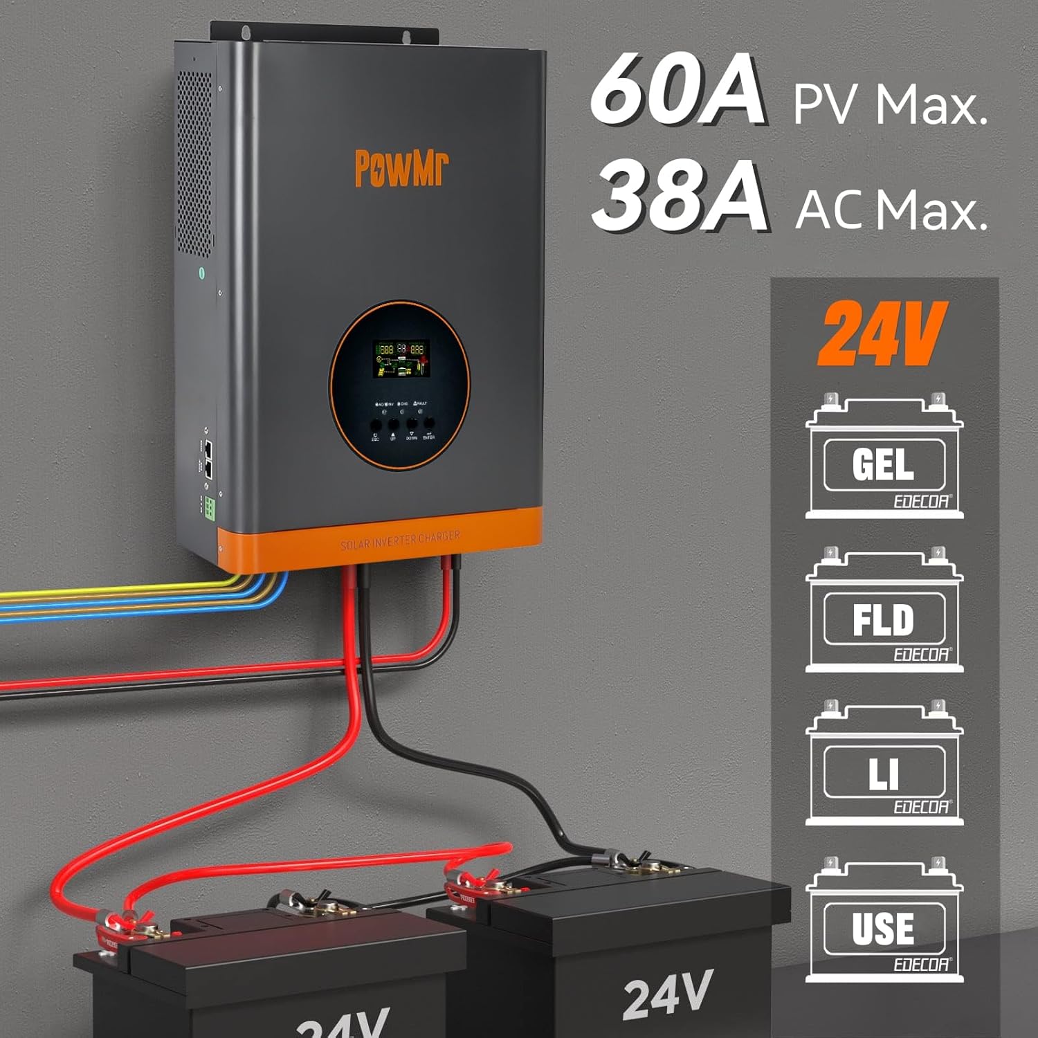 PowMr 3000W 24V to 110V Pure Sine Wave Hybrid Solar Inverter 60A MPPT Low Frequency - Image 4