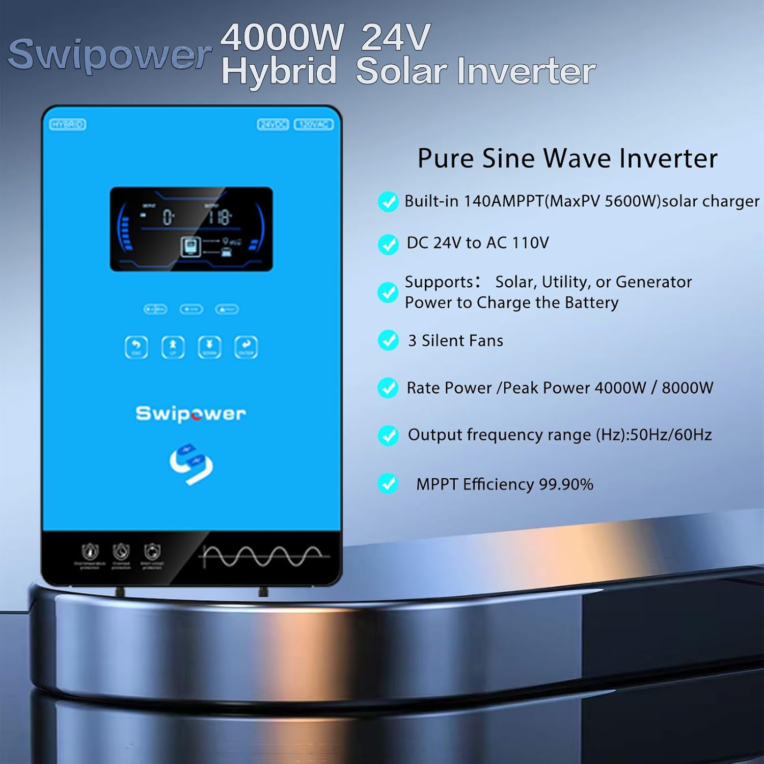 4000W 24V to 110V Pure Sine Wave Hybrid Solar Inverter 140A MPPT LCD Touchscreen - Image 3
