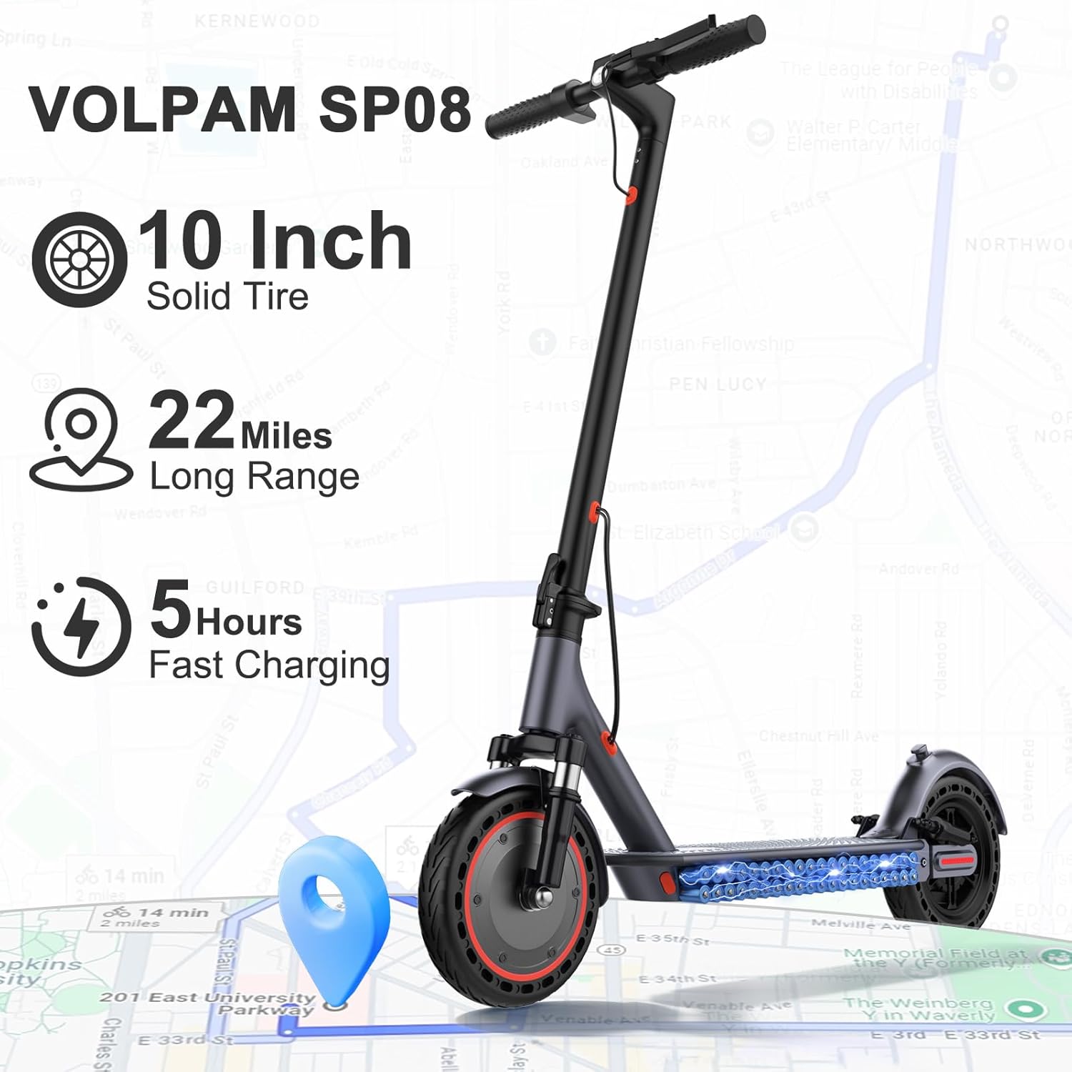 VOLPAM 500W 22MPH Foldable Electric Scooter, 23 Miles, 10” Tires, Dual Brakes - Image 4