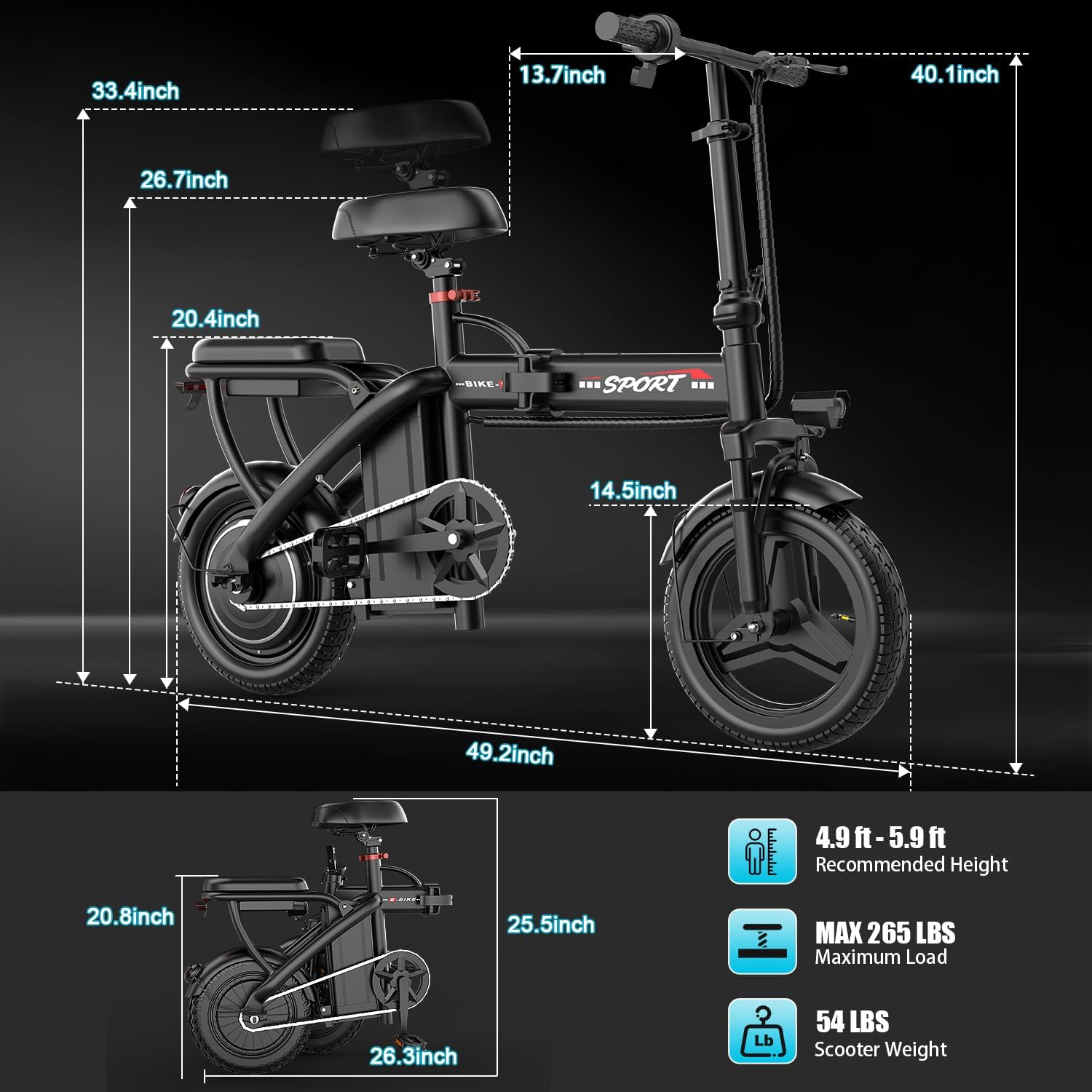 800W/1200W 25MPH Foldable Electric Bike, 45 Miles, 48V, with Suspension and LCD Display - Image 5