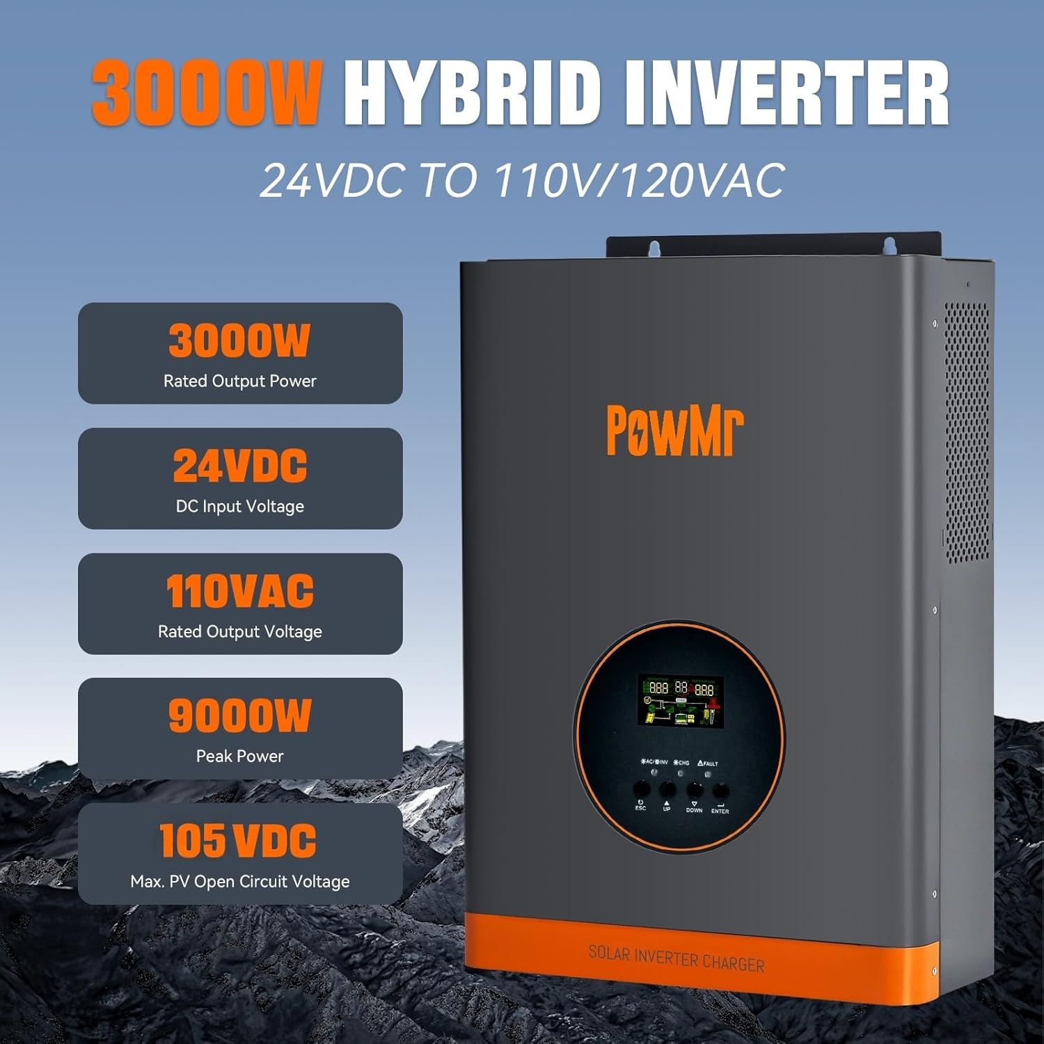PowMr 3000W 24V to 110V Pure Sine Wave Hybrid Solar Inverter 60A MPPT Low Frequency - Image 2