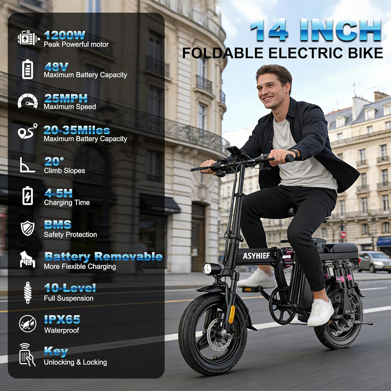 14” Foldable Electric Bike 1200W 24MPH 48V 10Ah Battery, Suspension and Disc Brakes - Image 3