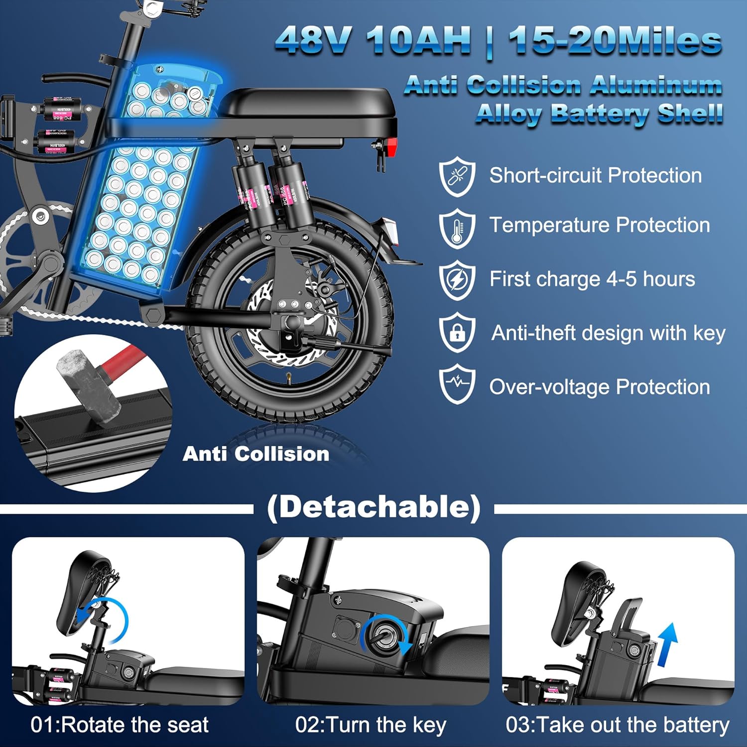 14” Foldable Electric Bike 1200W 24MPH 48V 10Ah Battery, Suspension and Disc Brakes - Image 6