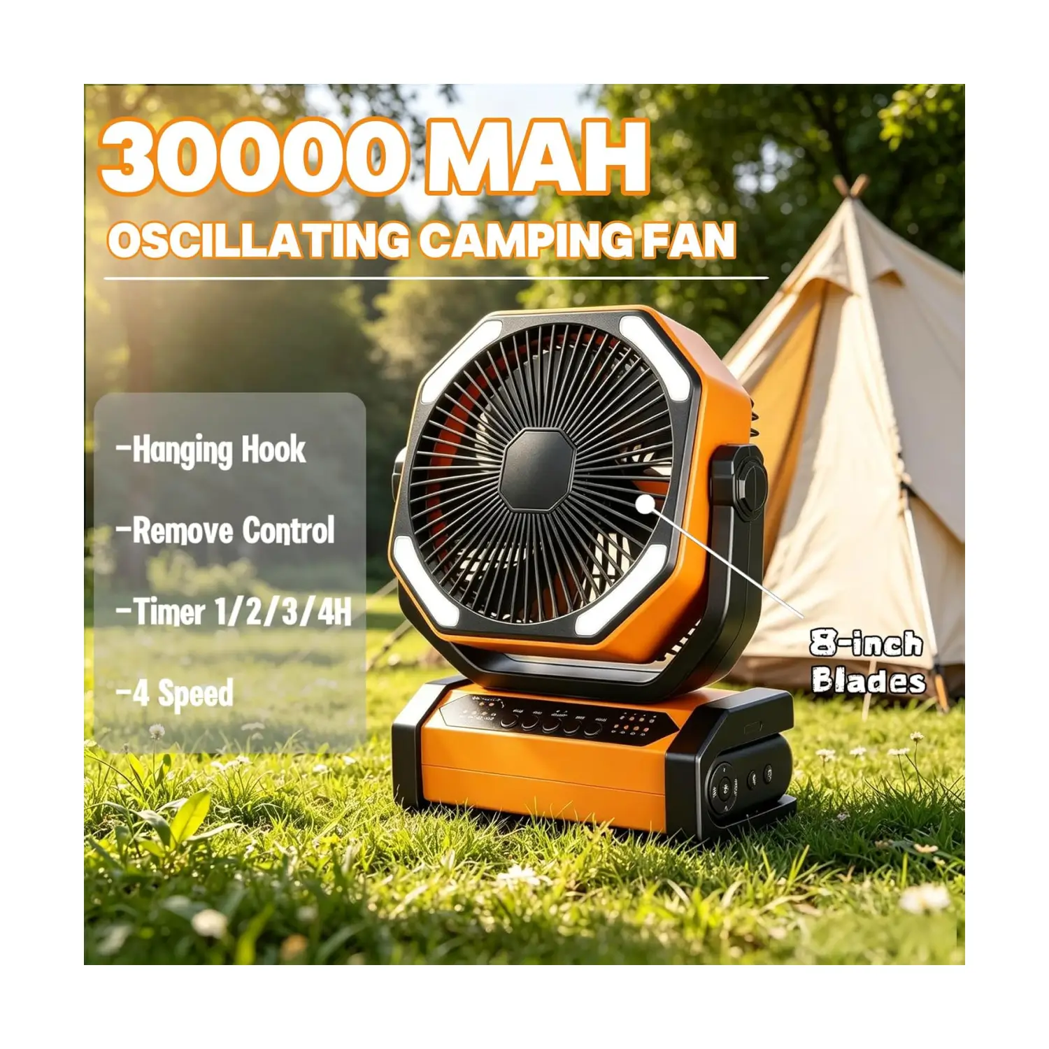 TUIAIAO 8-Inch Rechargeable Portable Fan with Light, Remote Control and Oscillation - Image 2