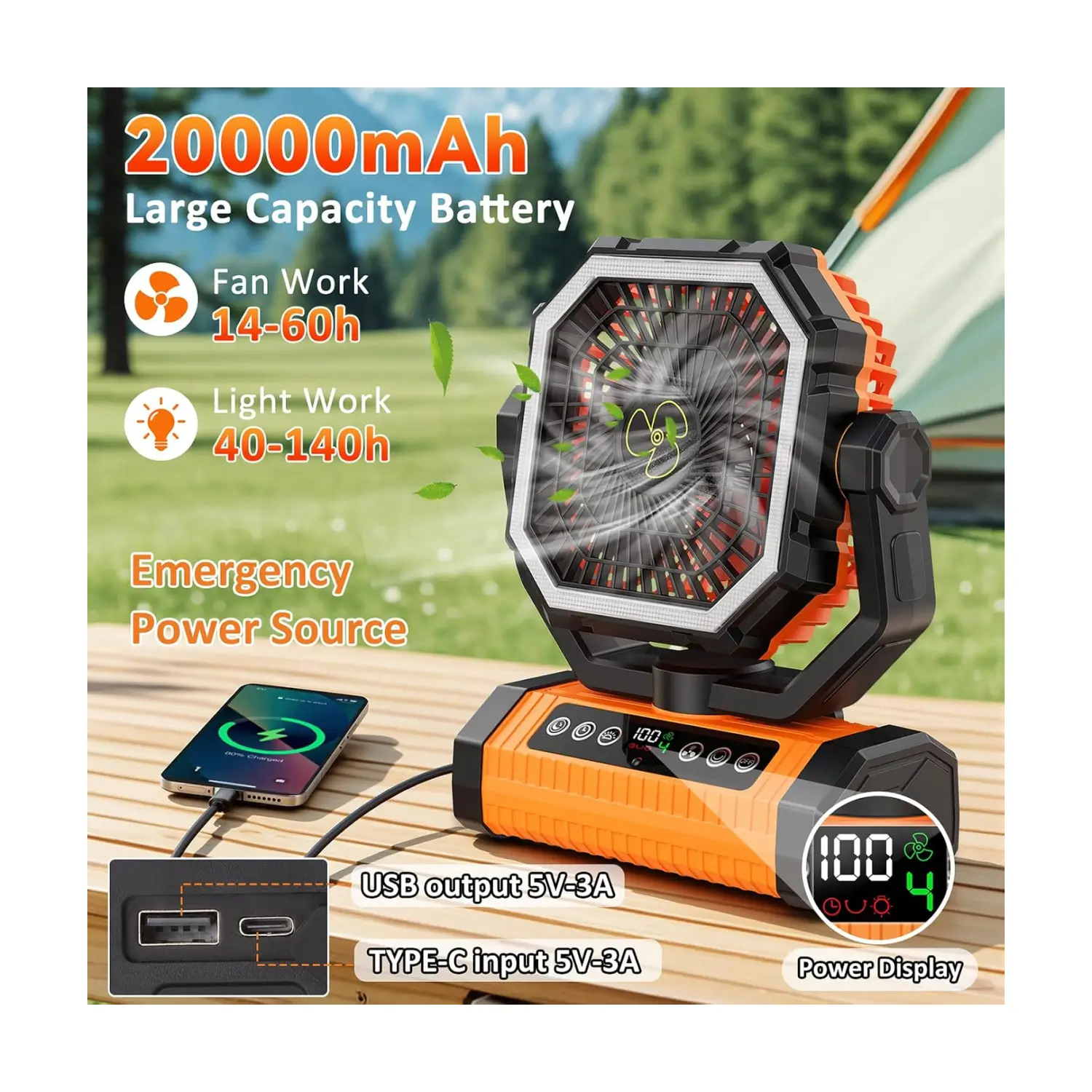 Givryes 20000 mAh Rechargeable Portable Camping Fan with Remote Control and LED Light - Image 2