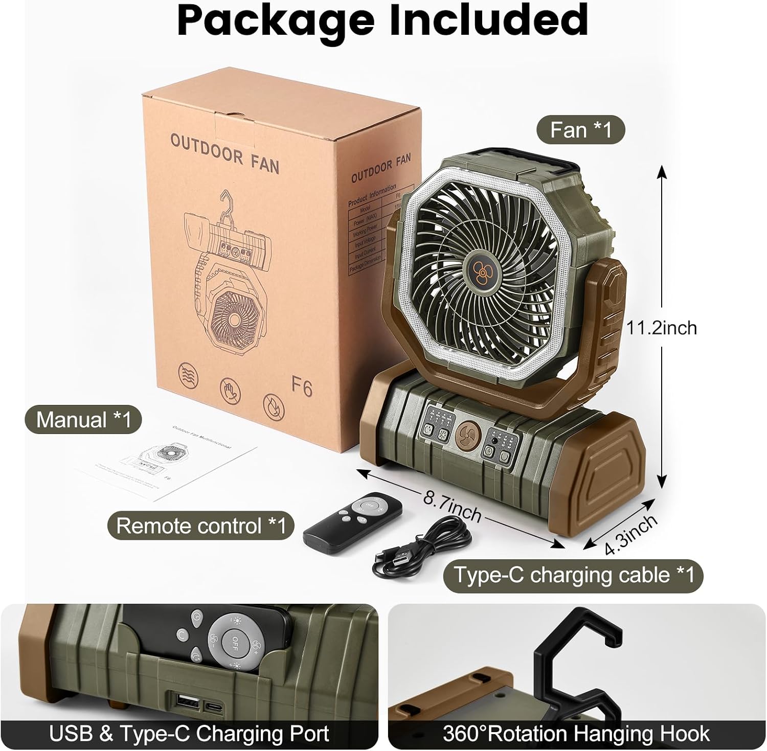 Odoland 30000mAh Rechargeable Camping Fan with LED Lantern, Remote Control, Oscillation, Hook and 4 Speeds - Image 6