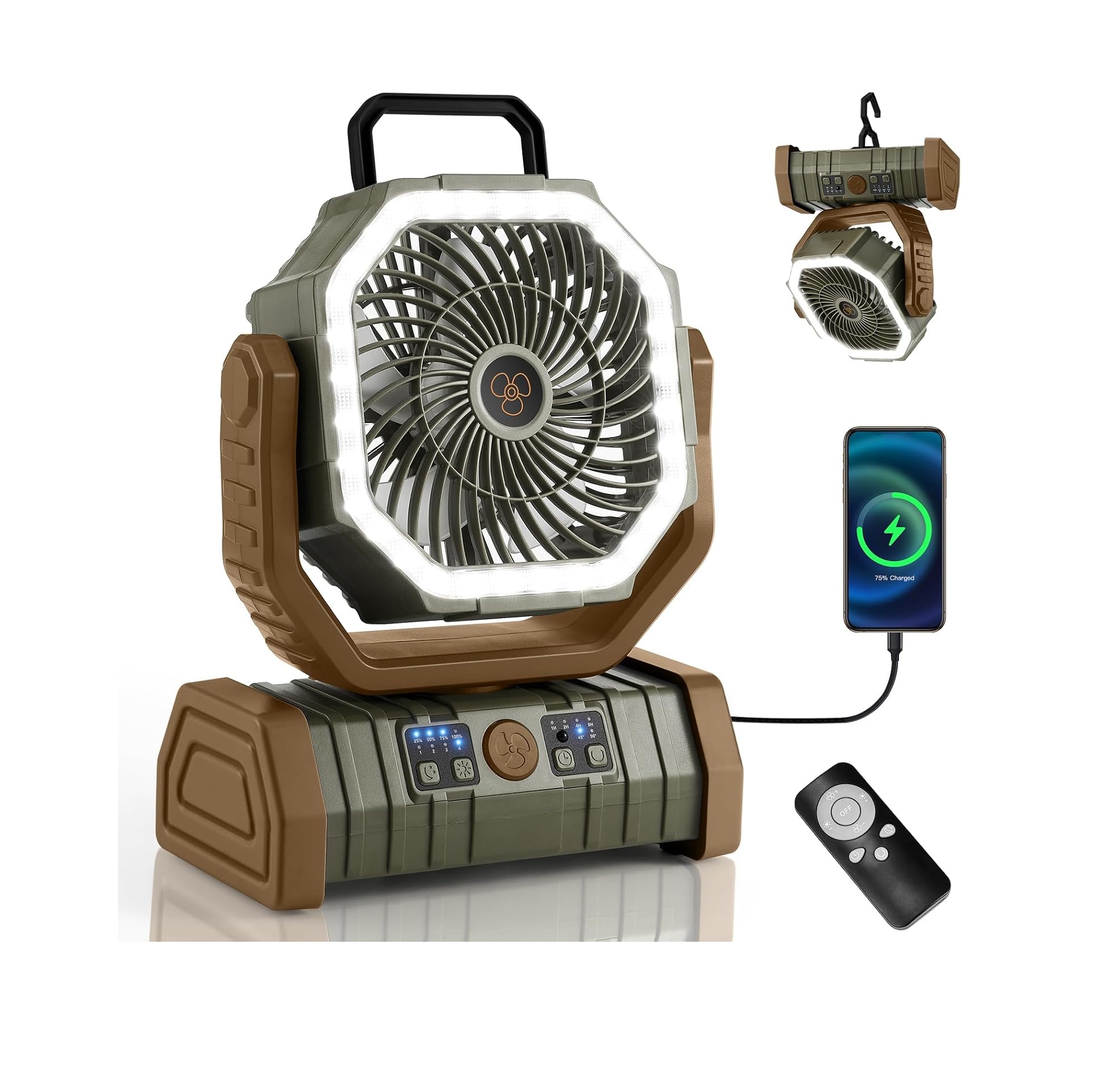 Odoland 30000mAh Rechargeable Camping Fan with LED Lantern, Remote Control, Oscillation, Hook and 4 Speeds