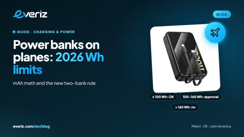 Power bank and airplane: 100 Wh and 160 Wh limits in 2026, an EVERIZ guide