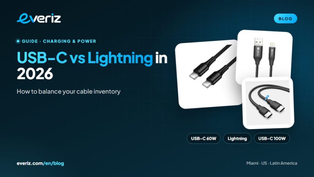60W and 100W USB-C cables and a Lightning cable, an EVERIZ inventory guide